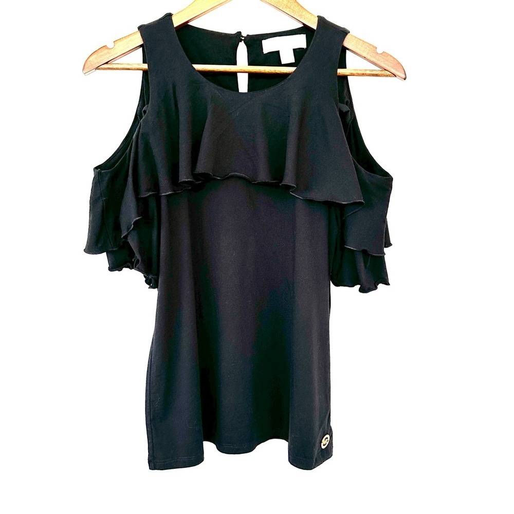Michael Kors Black Cold Shoulder Top, Ruffled sleeves, stretch knit